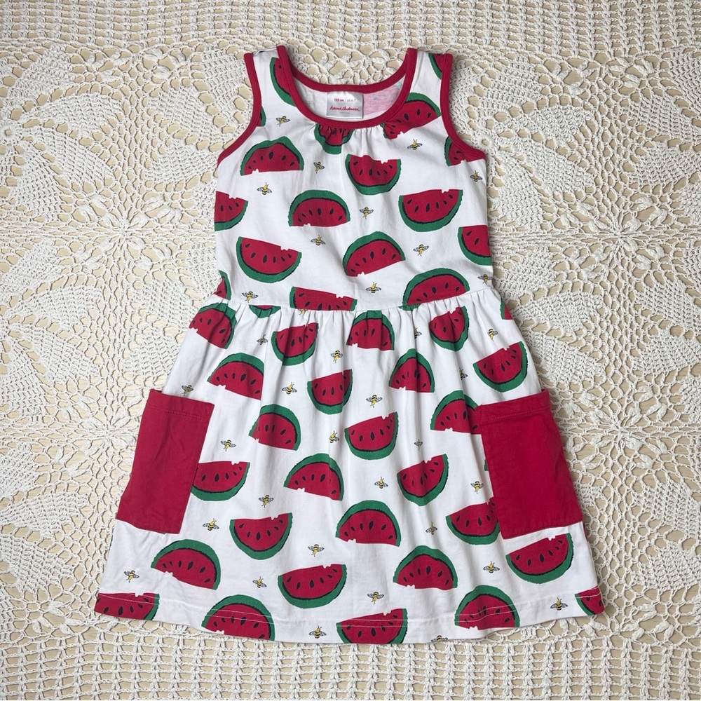 Hanna Andersson Girls 6-7 Years Watermelon Bumble Bees Sleeveless Tank Dress